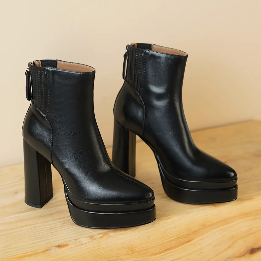 Aucegi Black Brown Platform Thick High Heels Ankle Boots Women Autumn Winter New Arrival Luxury Pointed Toe Side Zip Footwear