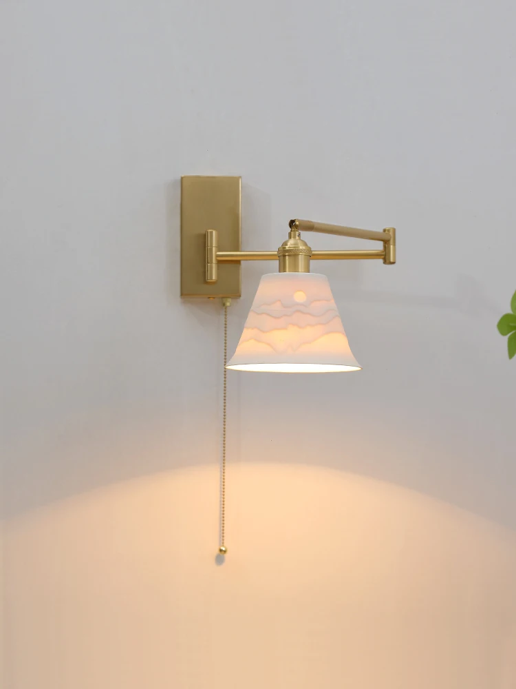 IWHD Nordic Modern LED Wall Sconce Left Right Rotate Pull Chain Switch Bedroom Restaurant Bar Beside Lamp Ceramic Stair Light