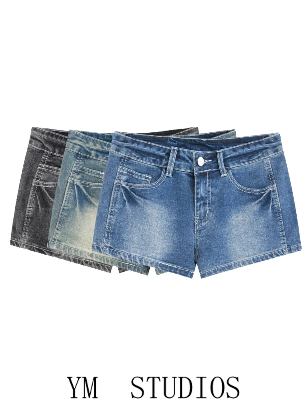 Low Waist Denim Shorts Women's Summer Versatile Leg Lengthening Student Hot Pants American Retro Style with Stitching Decorat...
