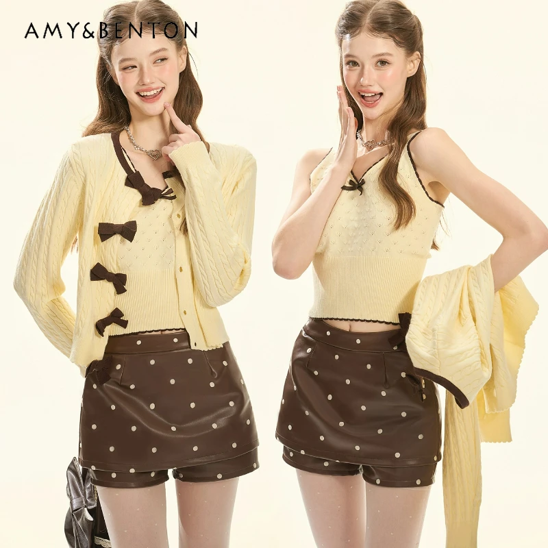 

French Retro Sweet Milk Yellow Bow Knitted Women's Sling 2025 Autumn Winter New Cute Temperament Versatile Cardigan Suits Ladies