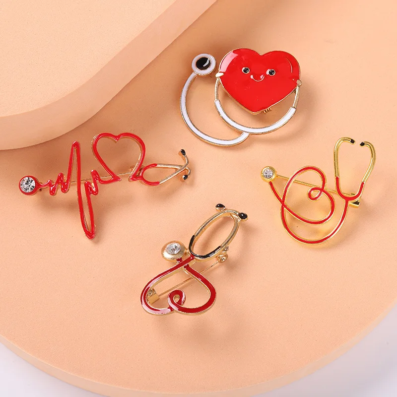 Creative Medical Equipment Red Love Enamel Pins Electrocardiogram Stethoscope Syringe Funny Alloy Brooch Badge Punk Jewelry Gift