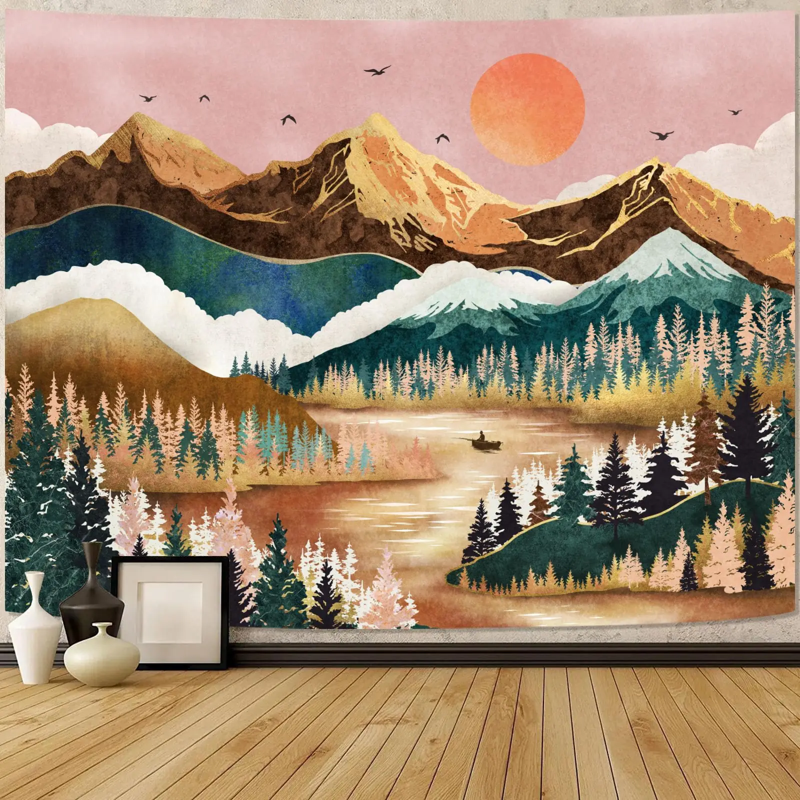 1PC Nature Forest Tree Waterfall Orange Print Tapestry, Boho Style, Bedroom Living Room Wall Hanging, Polyester, Home Decor
