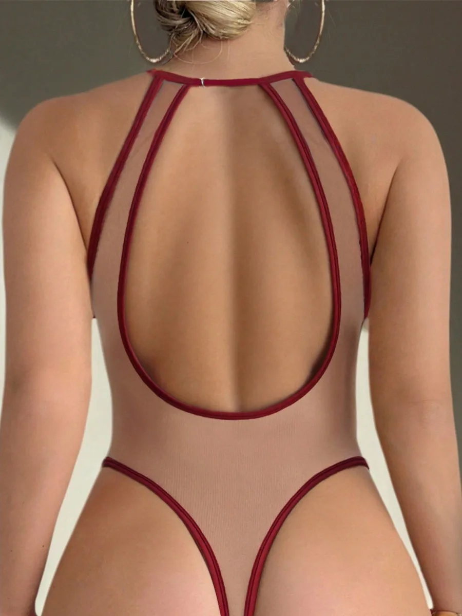 Sexy Retro Floral Print Tight One-Piece Backless Mesh Transparent Pure Desire Women's Underwear round Neck Short Style Vest
