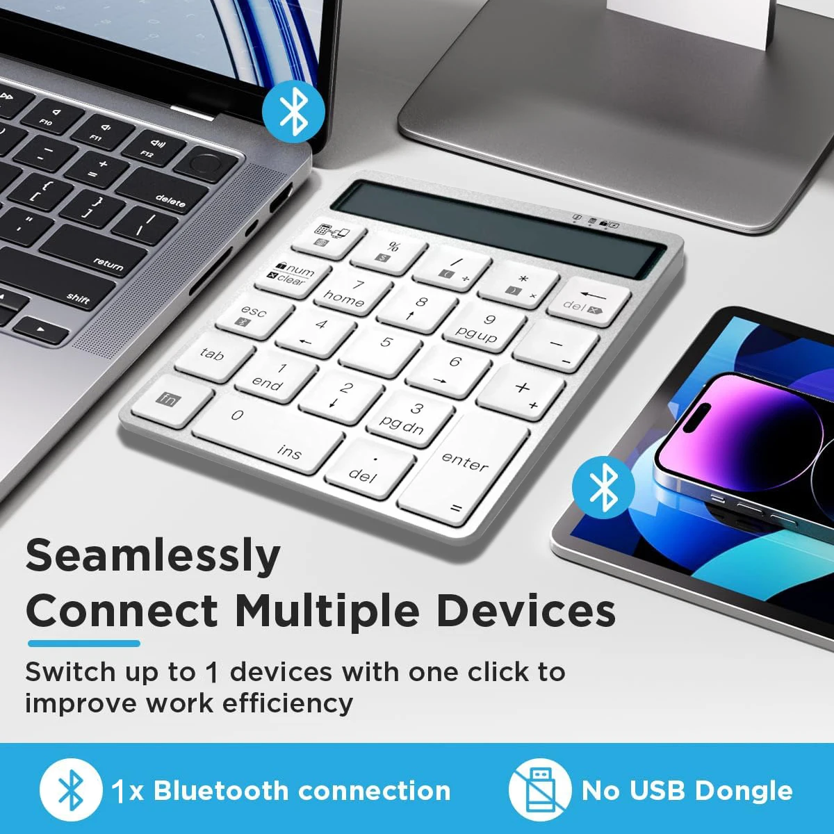 Rechargeable Bluetooth Wireless Number Keypad for Window/Mac OS,2 in 1 Numeric Keypad Calculator with Screen Display-Silver/Grey