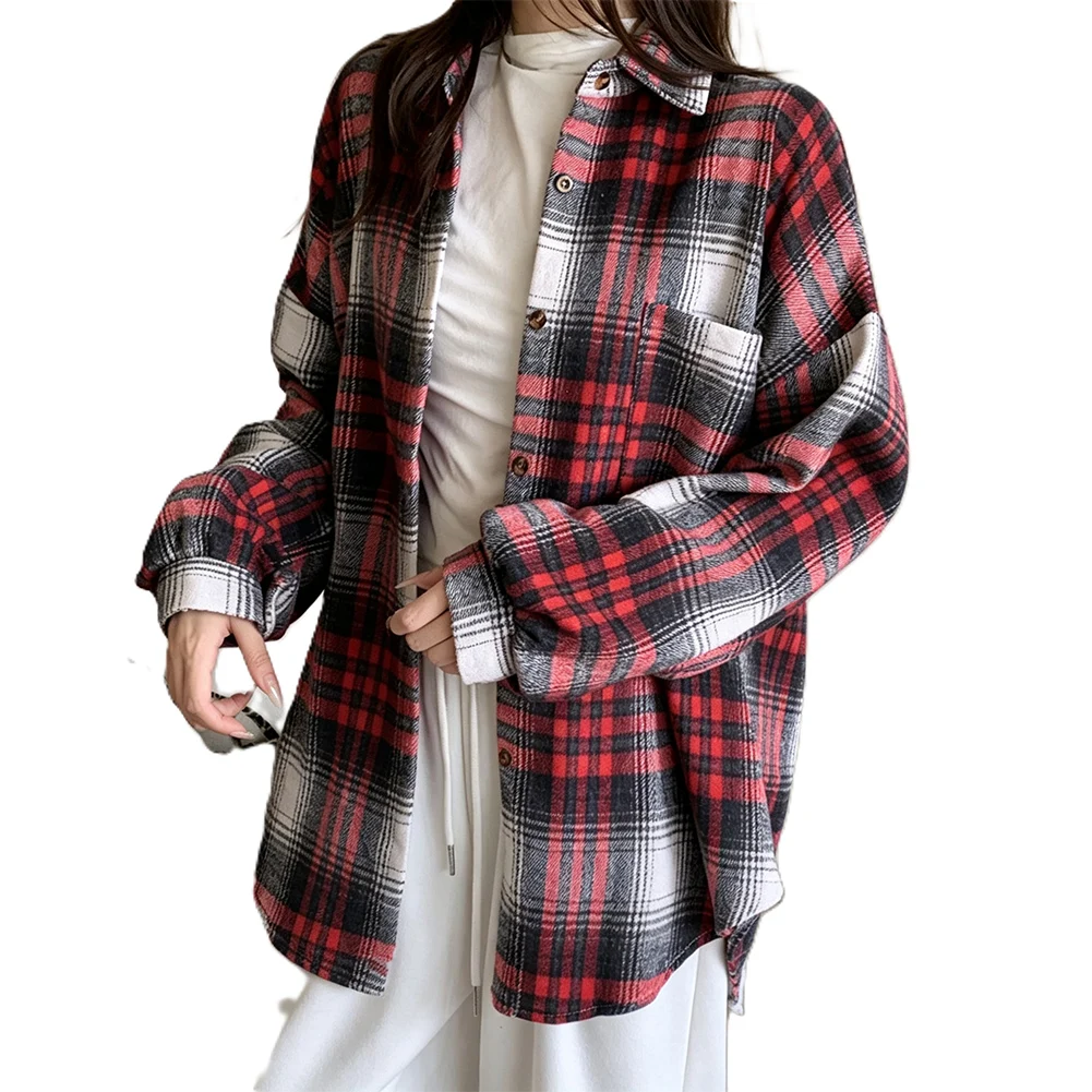Womens Oversized Plaid Shirt Coat with Long Sleeves Turn-Down Collar Ideal for Beach Cycling or Holiday Outings