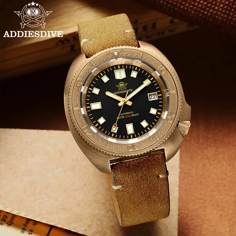 

ADDIESDIVE Bronze Mechanical Watches Luxury Men Leather Analog Watch Luminous 200m Waterproof Diver Sapphire Automatic Watches