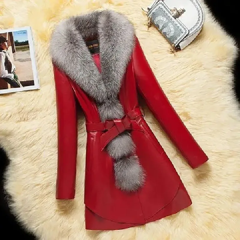 Giacca in pelle PU soprabito da donna coreano sottile di media lunghezza imitazione collo di pelliccia di volpe cappotto di pelliccia nuovi cappotti di pelle autunno inverno