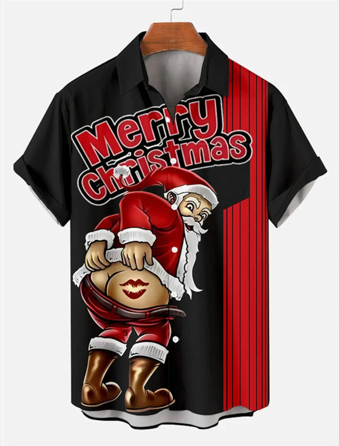 Santa Claus Casual men's Shirt Weekend Autumn Loose short-sleeved four-way Stretch Fabric Christmas Shirt men's stand-up Collar