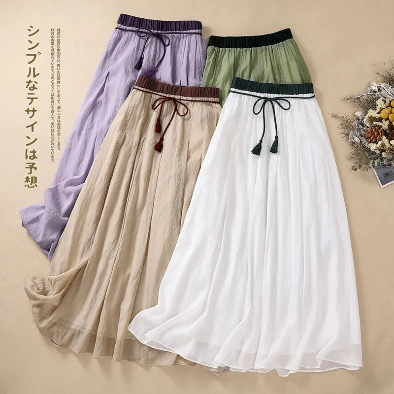 National Wind Elastic Waist Drape Skirt Female 2024 Summer New Retro Temperament Thin Linen Knee Skirt Women