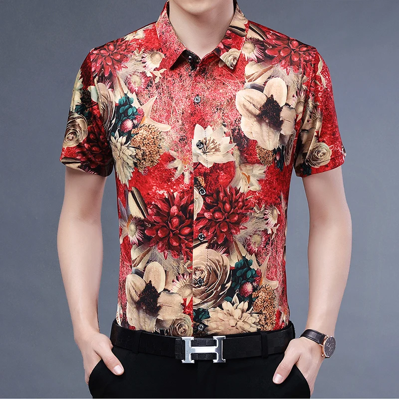 Amazing Silky Shirts For Men Short Sleeve Floral 3D Digital Print Summer Quality Anti-Wrinkle Easy Care Casual Camisas De Hombre