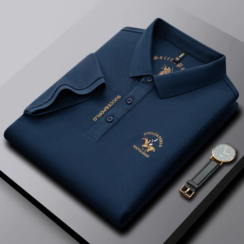 Luxury high-end exquisite embroidered men\'s solid color polo shirt short sleeved brand summer business casual breathable T-shirt