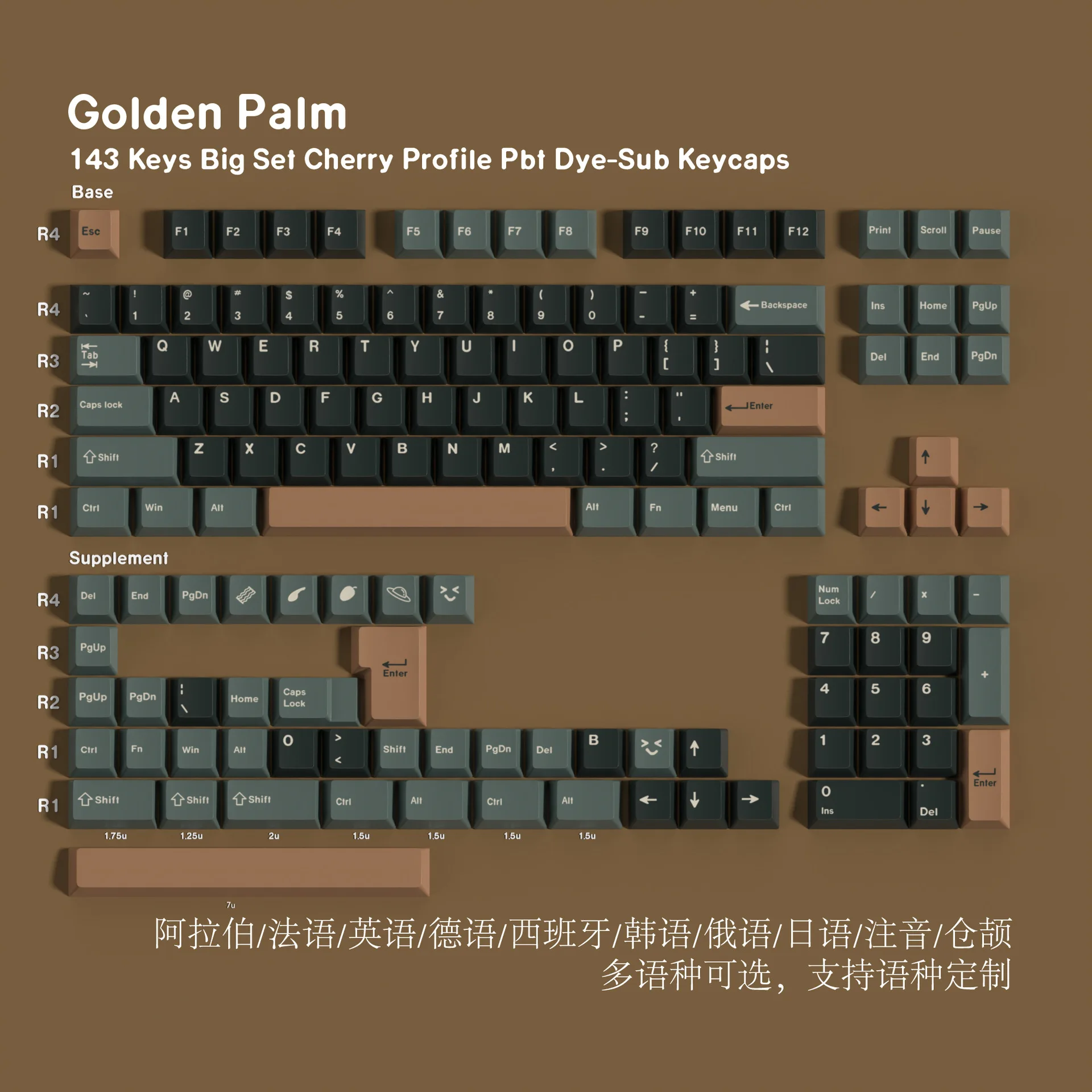 

Original dark green gold brown keycap German French Spanish Korean Japanese phonetic Cangjieba Portuguese