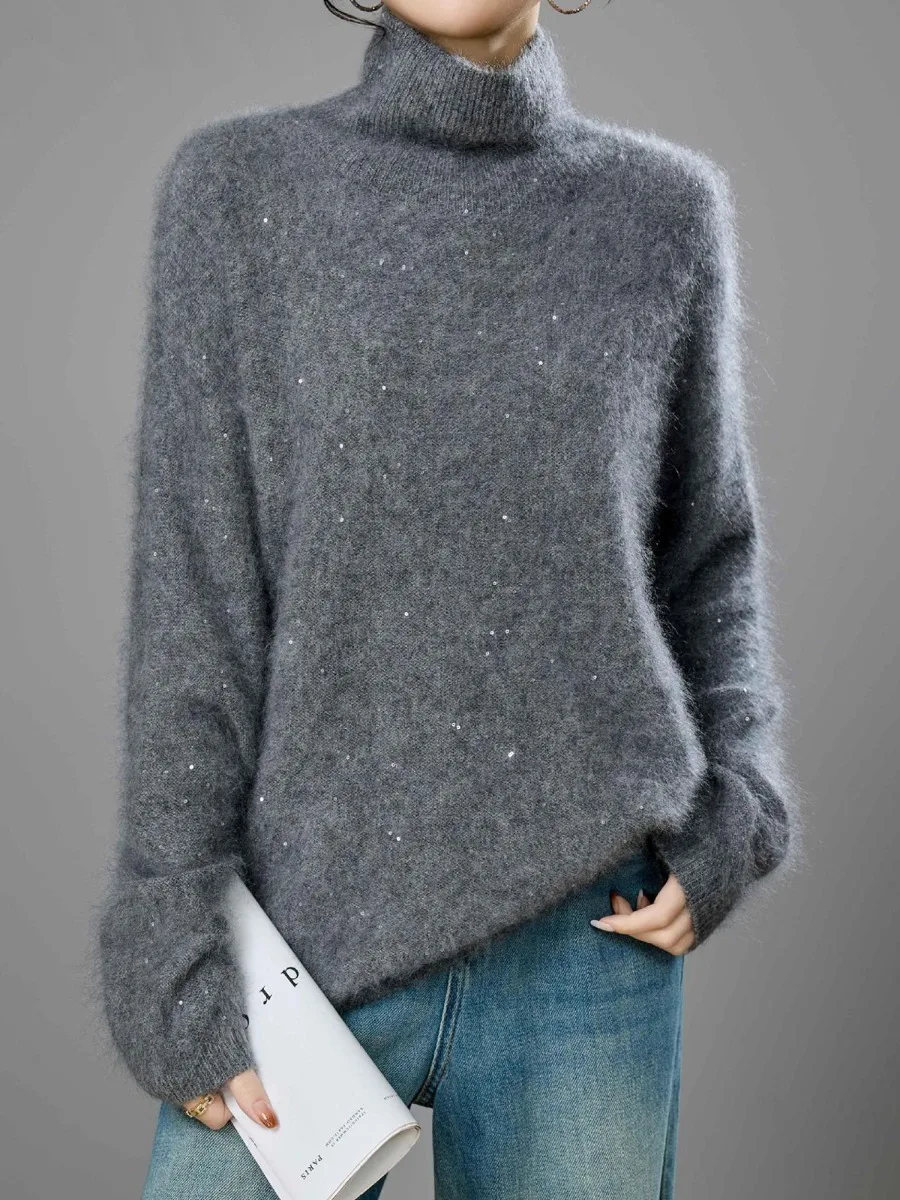 Bornladies Winter New Women's Sweater High-end Gentle Temperament Warm High Neck Loose Sequin Fashionable Knitted Base Sweater