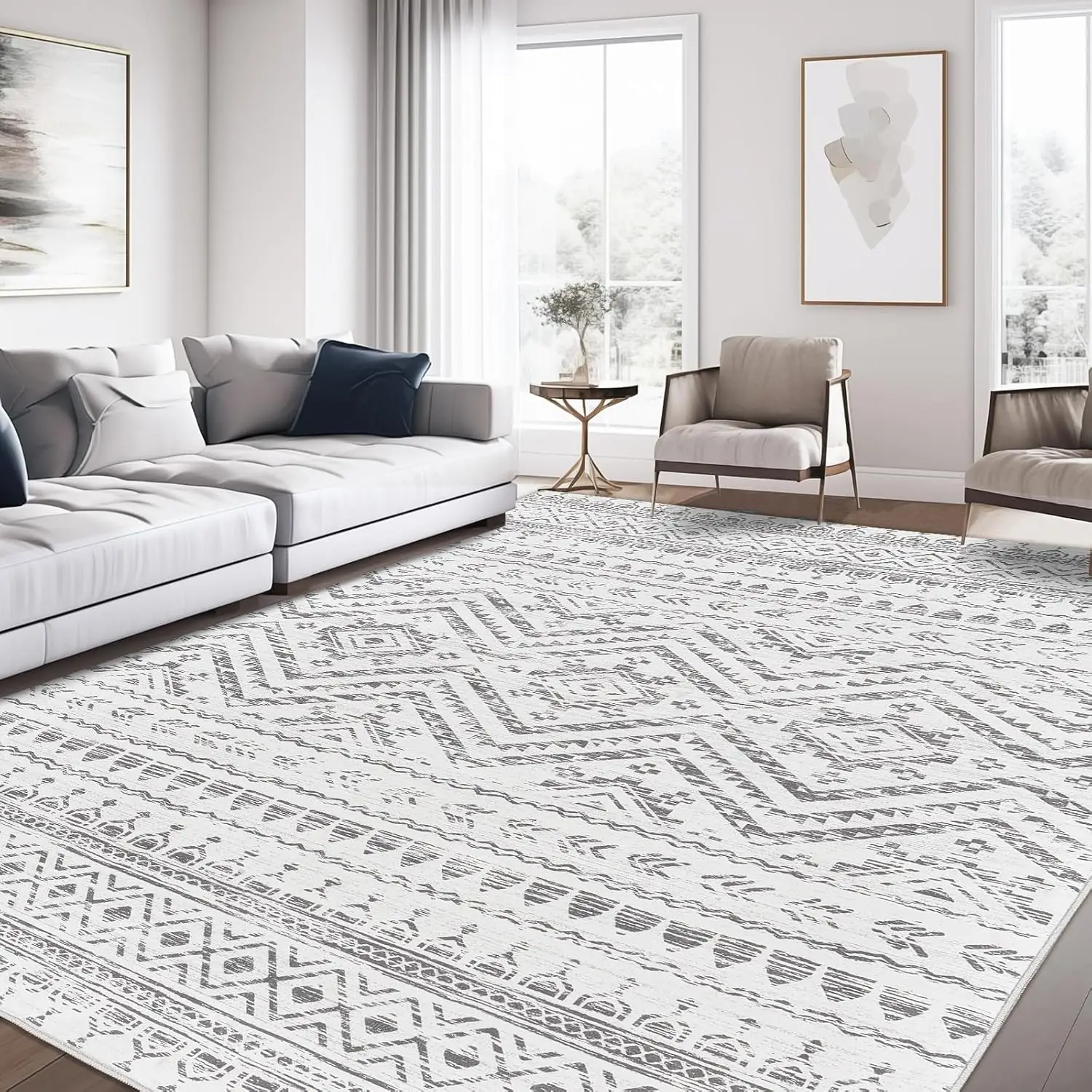 

Bohemian Gray & White Tribal Geometric Area Rug, Non Slip Soft Floor Mat for Living Room Bedroom Balcony Home Indoor Decoration