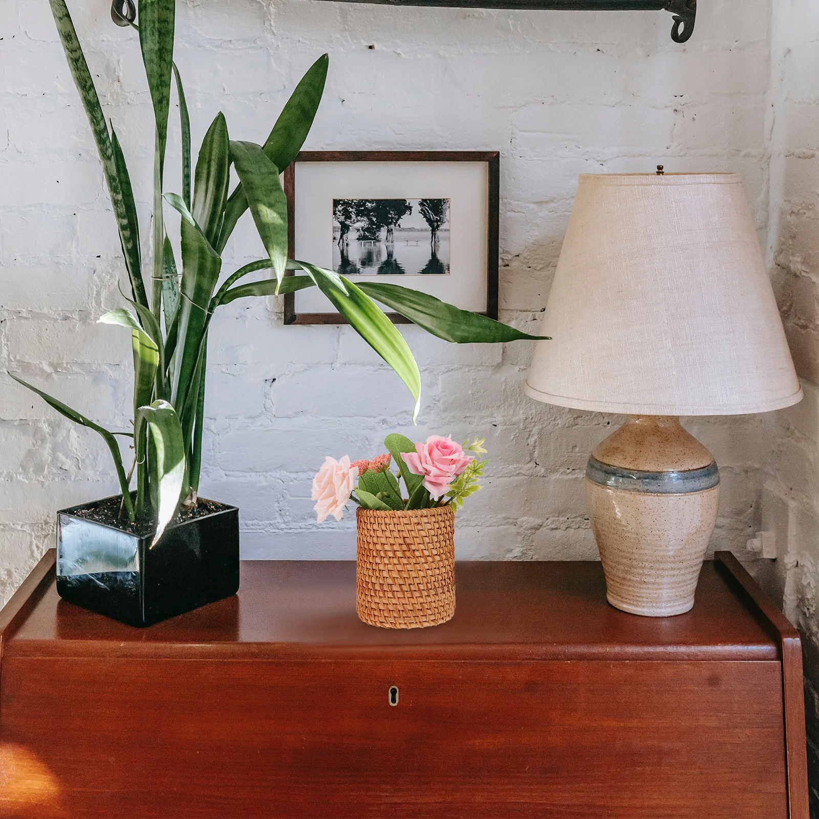 

Woven Vase Pen Holder Compact Wood Woven Storage Basket For Desktop Sundries Organizer Home Office Decoration Storage Container