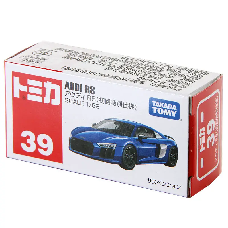 TAKARA TOMY Tomica-coches deportivos rojos de aleación para niño, juguete de vehículo de Motor fundido a presión, modelo de Metal, regalos, Audi R8, NO.39, 1/62