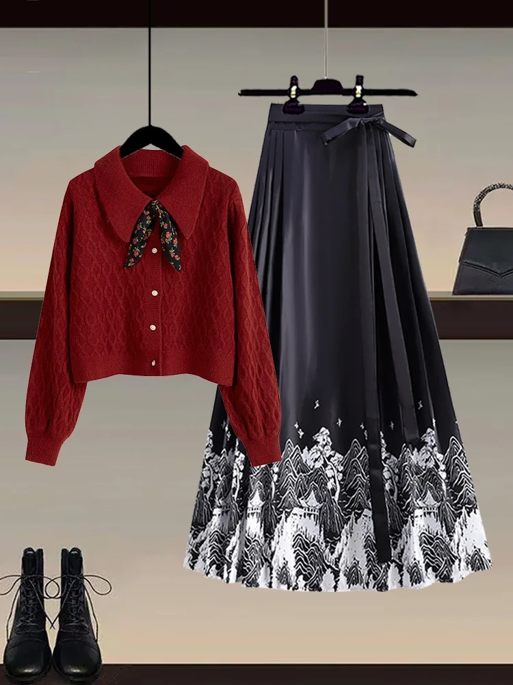 

New Chinese Style Knitted Sweater High Waist Long Skirt Women Winter plus Size Slimming Cool Street Style Two Piece Set