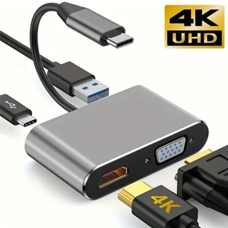 4 in 1 USB C Hub Multiport Adapter Docking Station Type C to 4K HDTV VGA 100W PD Fast Charge Splitter for MacBook Pro/Air Laptop