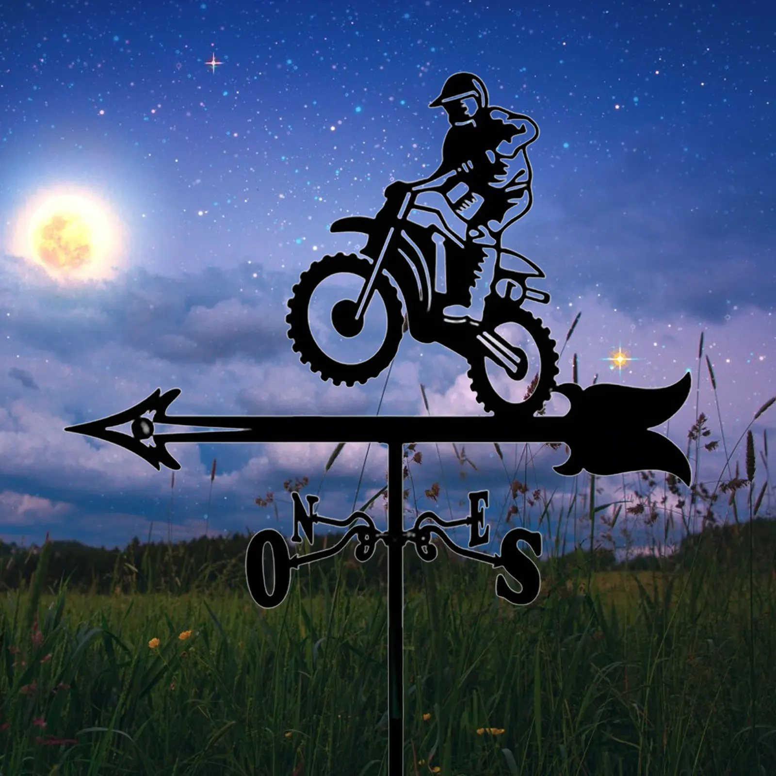 Motorcycle Weathervane Art Black Metal Wind Direction Indicator Outdoors Decorations for Garden Roof Yard Building Wind Vane