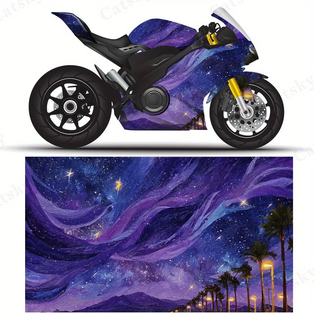 紫色の星雲とヤシの木が描かれたファンタジーな夜空のオートバイフィルムステッカー、オートバイカスタム用の耐久性のあるpvc粘着デカール