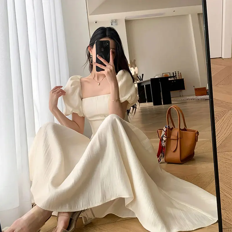 

Summer Elegant White Dress Women Fashion Retro Puff Sleeve Square Collar Backless Midi Dress Office Lady A Line Sundress Vestido