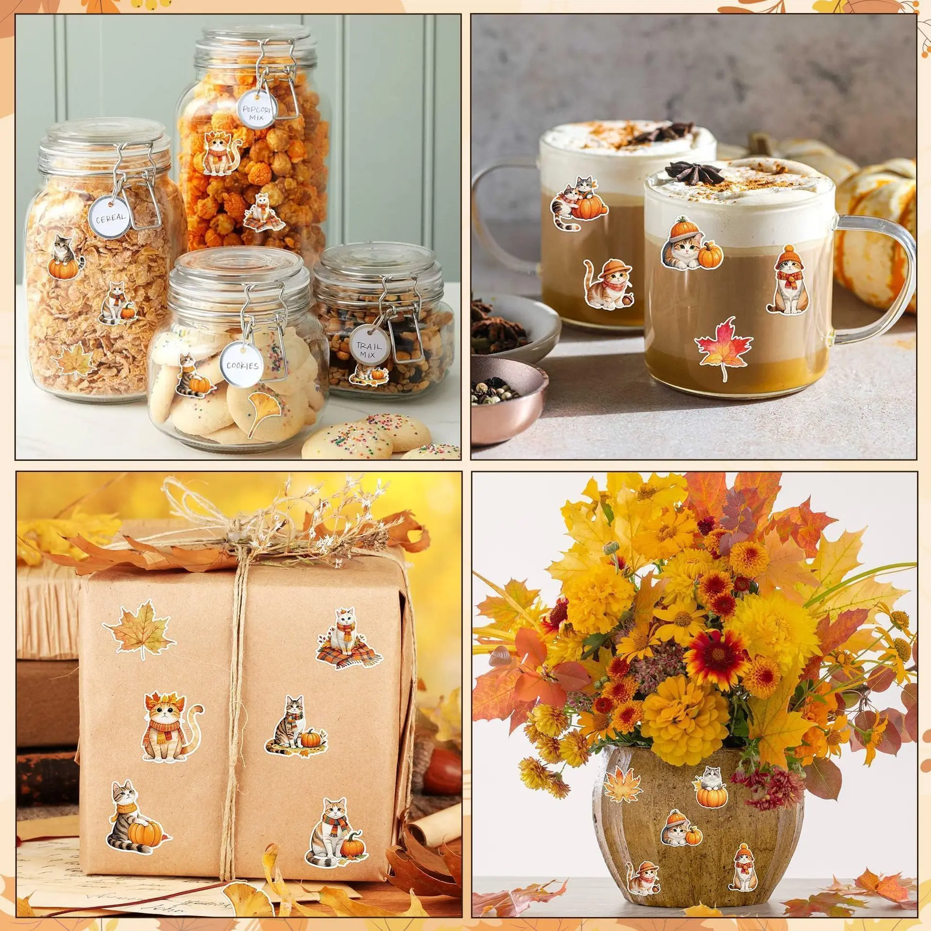 500Pcs /1 Rolls 2.5cm/1inch Autumn Maple Leaves and Cats Sticker Decoration Gift Box Sticker Label Stationery Sticker