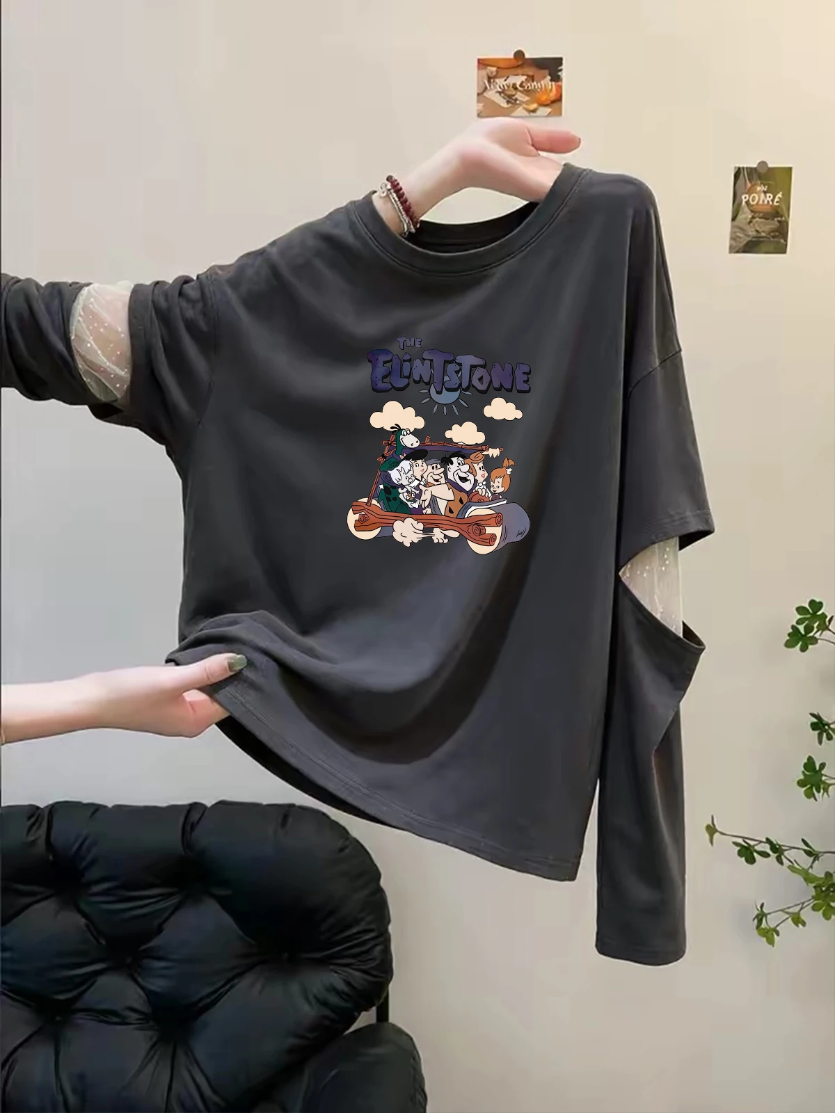 High-End Women's Long Sleeve T-Shirt Mesh Splicing Fake Two-Piece Autumn Fashion Versatile Beautiful Top Relaxing Style Creat...