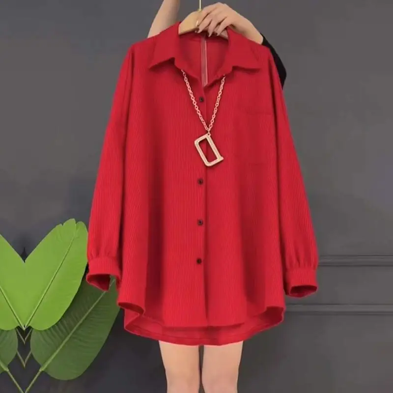 2023 Spring Autumn Fashion Solid Color Loose Midi Blouse Streetwear Pockets Women\'s Clothing Casual Single-breasted Lapel Shirt