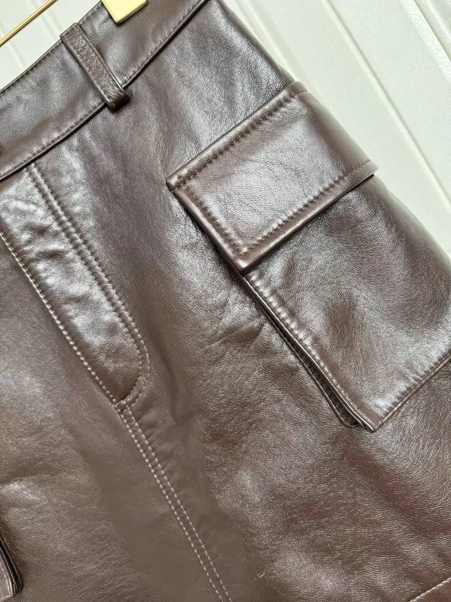 2024 Autumn/Winter New Genuine Leather Skirt for Women High Waist Side Pocket Slim Look Head Layer Sheepskin A-line Mini Jupe