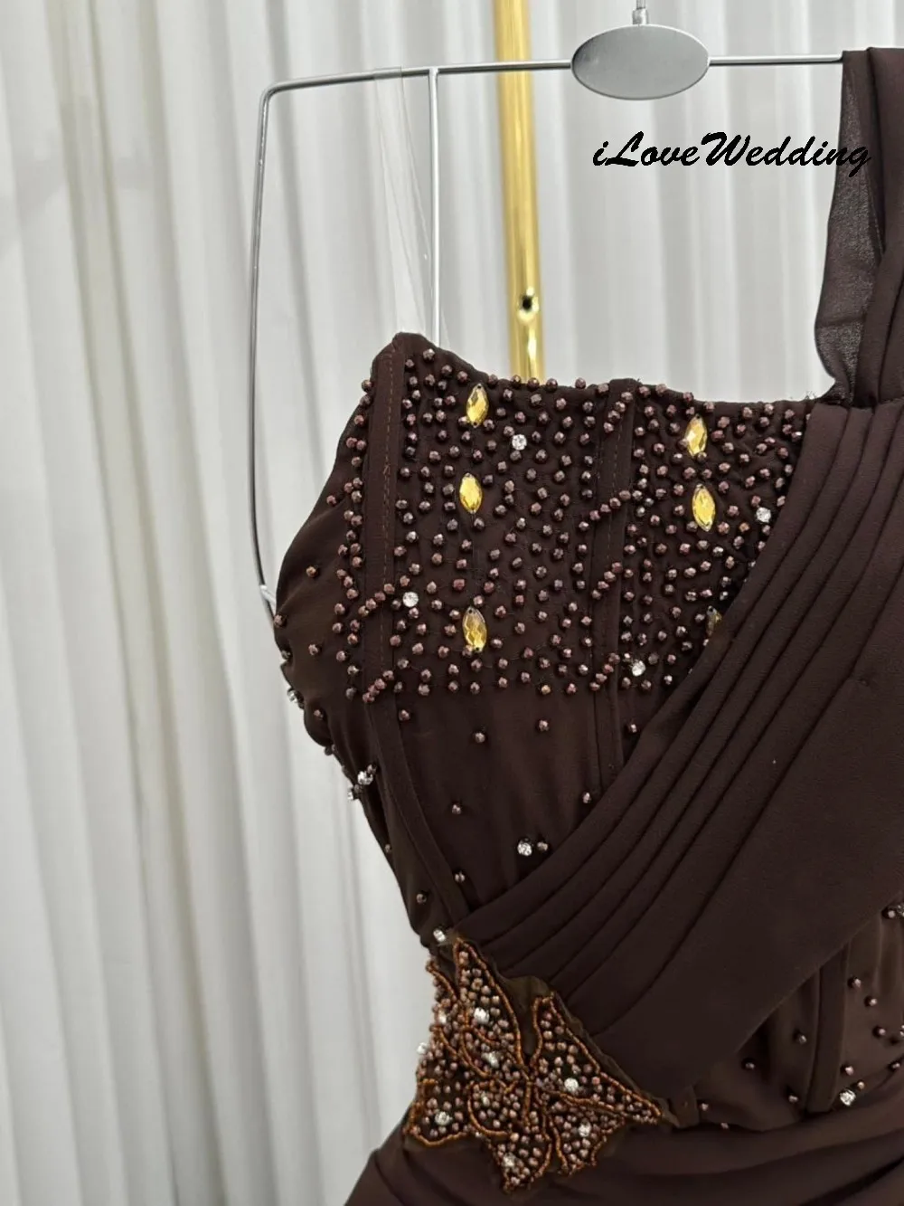 Vestido de fiesta con cuentas de color marrón oscuro 2025, vestido de fiesta elegante brillante con cuentas para mujer, cintas de gasa, vestidos formales hasta el suelo personalizados