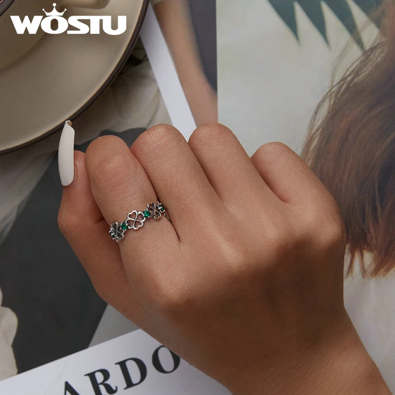 WOSTU 925 Sterling Silver Emerald Crystal Cute Rings For Women Green CZ Honey Bee Four-leaf Clover Cockail Ring Jewelry Gift