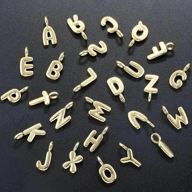 17x8mm Glänzende Blasenförmige A-Z Kleinbuchstaben-Anhänger, vergoldetes Messing, Schmuckherstellungszubehör, Anhänger, Loch: 3,5MM, Modell: VD2354 – Detail 2