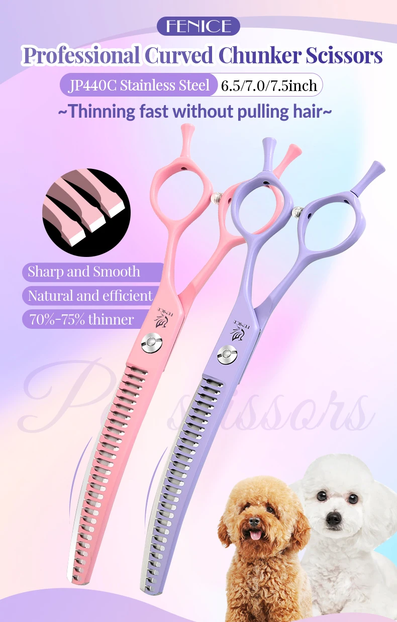 Fenice Dog Beauty Schere, bunt, 6,5/7/7,5 Zoll, JP440C, professionelle Hundepflegeschere, gebogen, dünnere Chunker-Schere – Detail 1