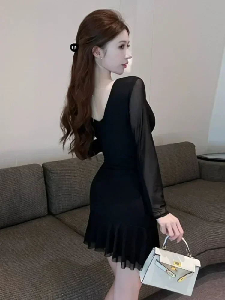 Korejepo Internet Celebrity Dresses Sexy Mesh Dress Low Cut V Neck Temperament Slim Pleated Ruffle Edge Buttocks Wrapped