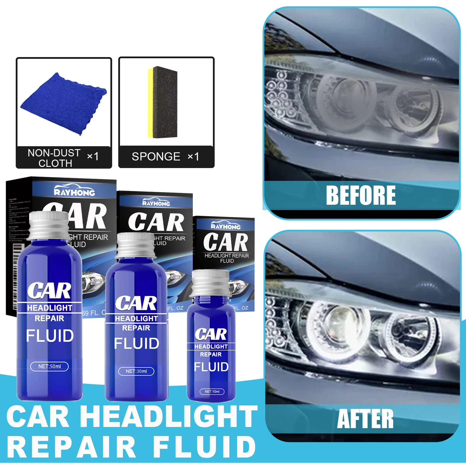 

10/30/50ml Restorative Liquid with Sponge Swirl Removing Portable Headlight Repair Polish Liquid Cleaners Car Degreasers set