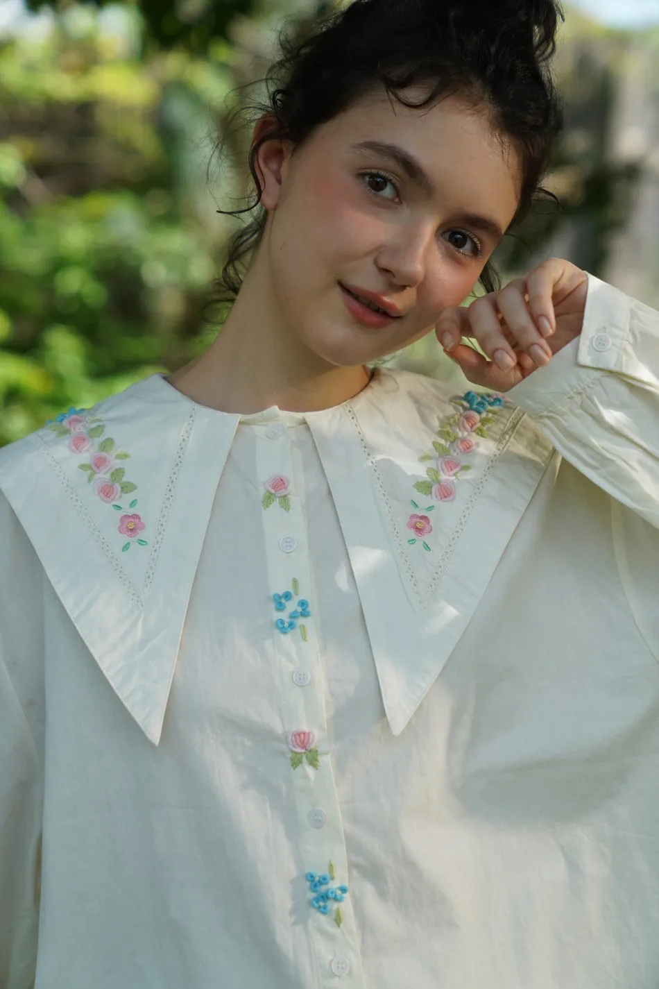 138cmBust Spring Autumn Oversized Shirts Women French Elegant Hand-Embroidered Mori Style Large Triangle Lapels 100%Cotton Shirt