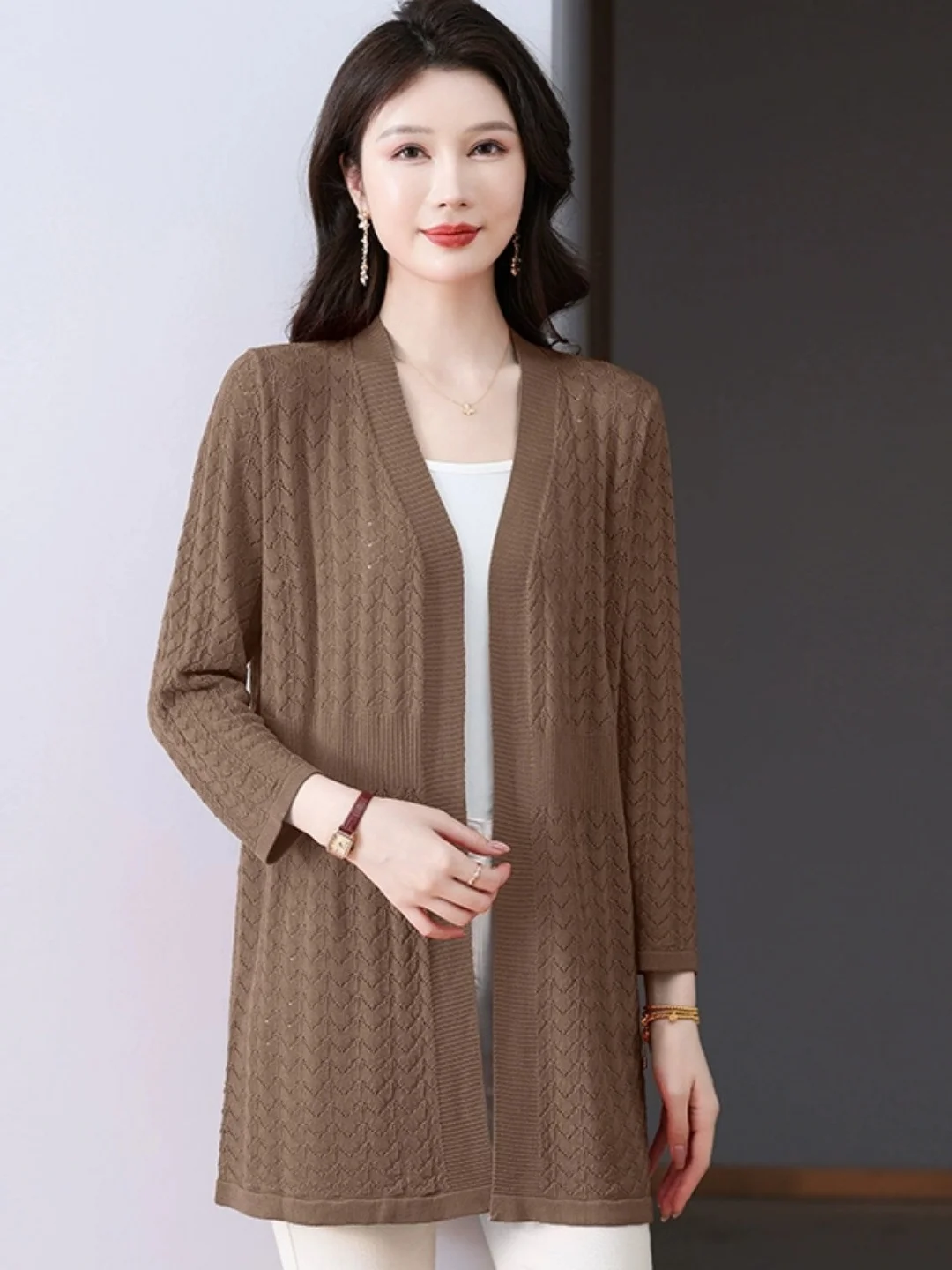 Ladies' plus Size V-Neck Hollow out Knitted Cardigan Lightweight Medium Length Loose Fit Air Conditioning Outerwear Summer UV...
