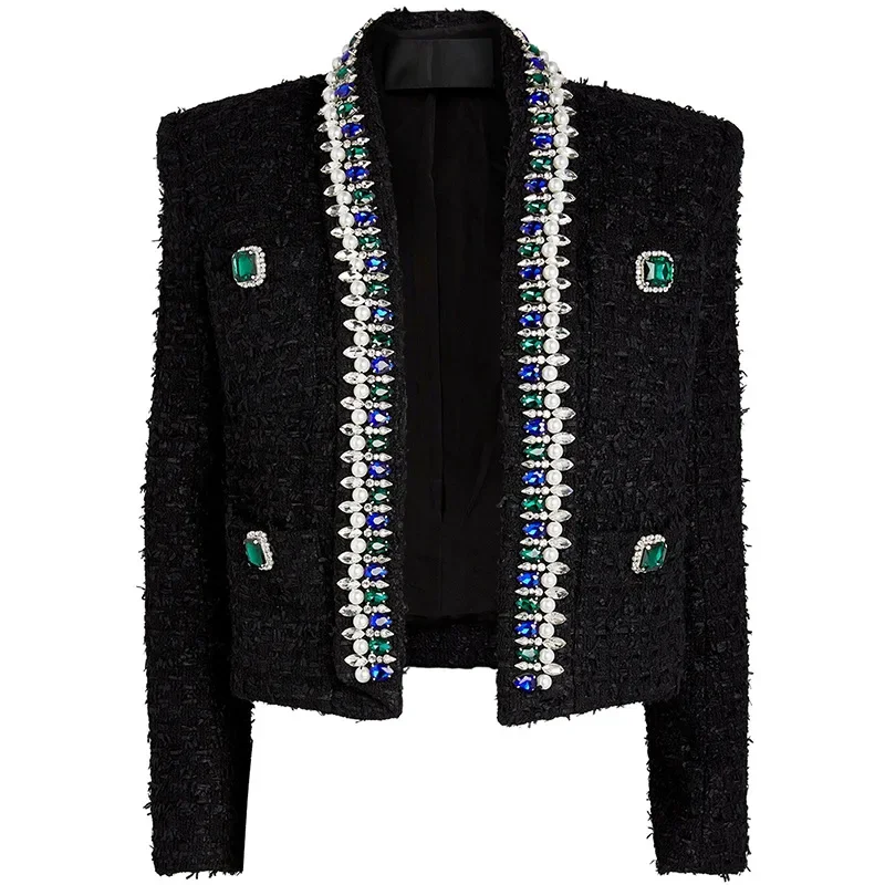 2026 New Winter Tweed Coat Women Long Sleeve Beaded Irregular Short Cardigan Outerwear