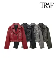 TRAF-Faux Leather Moto & Biker Jacket for Women, Long Sleeve Coat, Front Zipper, Female Outerwear, Chic Tops, Fashion