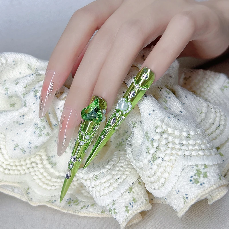 14 Piece（4 long+10 short ）Handmade Emerald Gem Littini Nail Set Shiny Luxe for Occasions (Better Than) Popular Kits