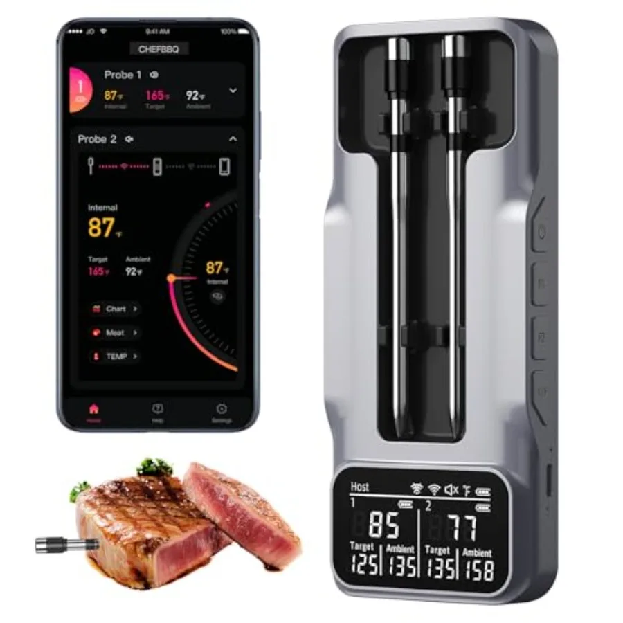 

Wireless Meat Thermometer Digital - 800FT Bluetooth Food Thermometer for Cooking NIST Certified Accuracy ±0.5° Standalone Base