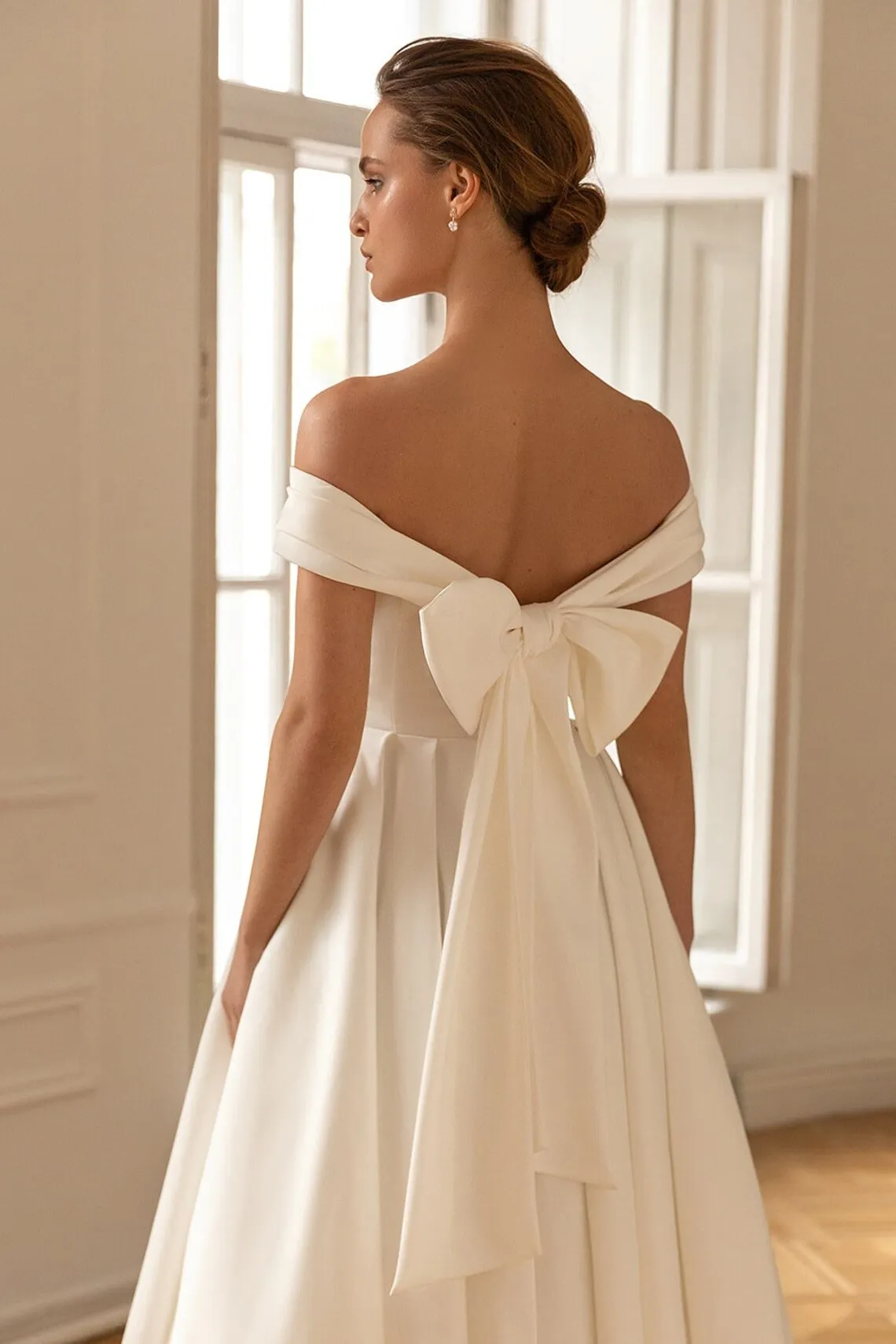 Para Mujer-Robe de mariée chic courte, col de la présidence à l\'initiative, jupe VolAcquisMidi, élégante éducative, grand nœud en satin, WW8269