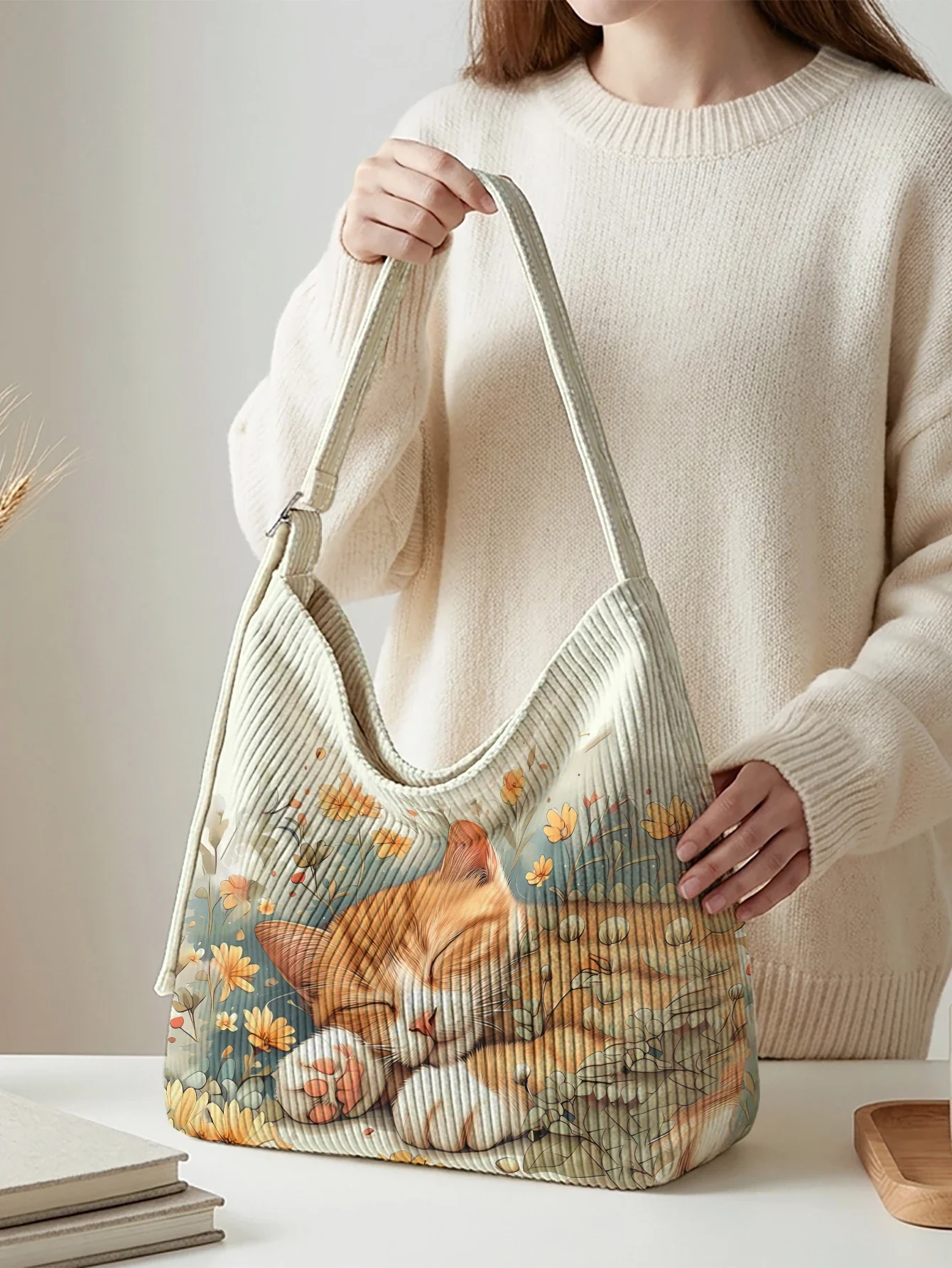Sleeping Orange Cat Floral Print Hobo Bag, Adjustable Strap Shoulder Bag For Shopping Travel School Daily Use