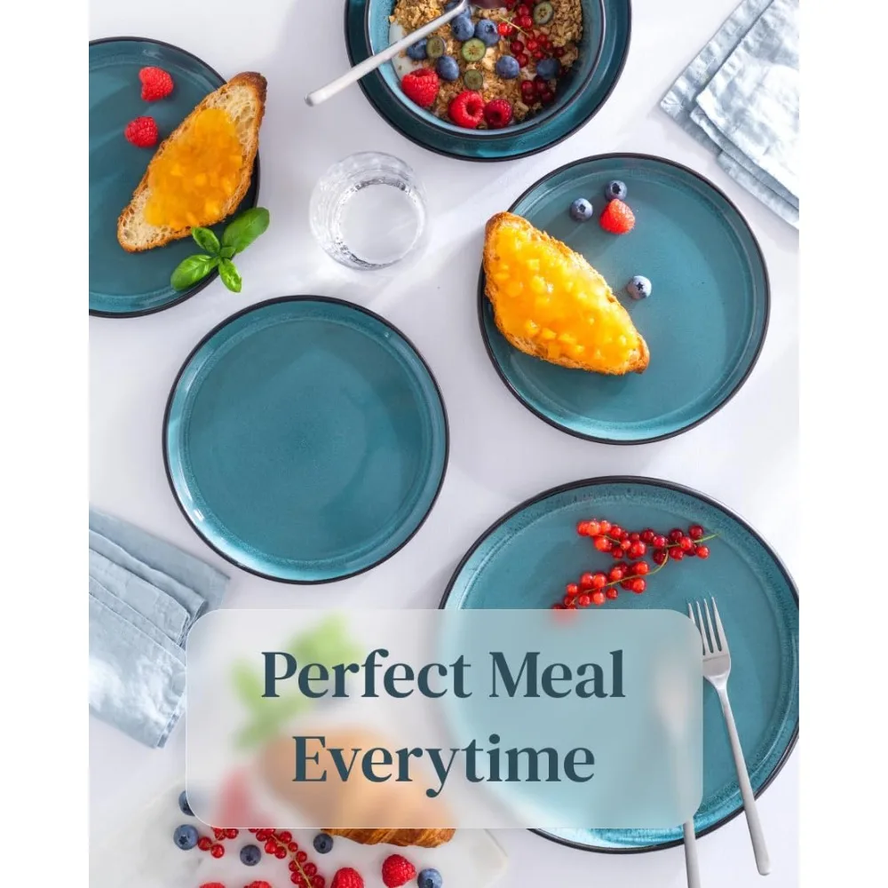 

12 Piece Dinnerware Sets for 4 - Scratch Resistant, Dishwasher Safe Plates and Bowls Sets Ceramic, Black and Petrol Blue