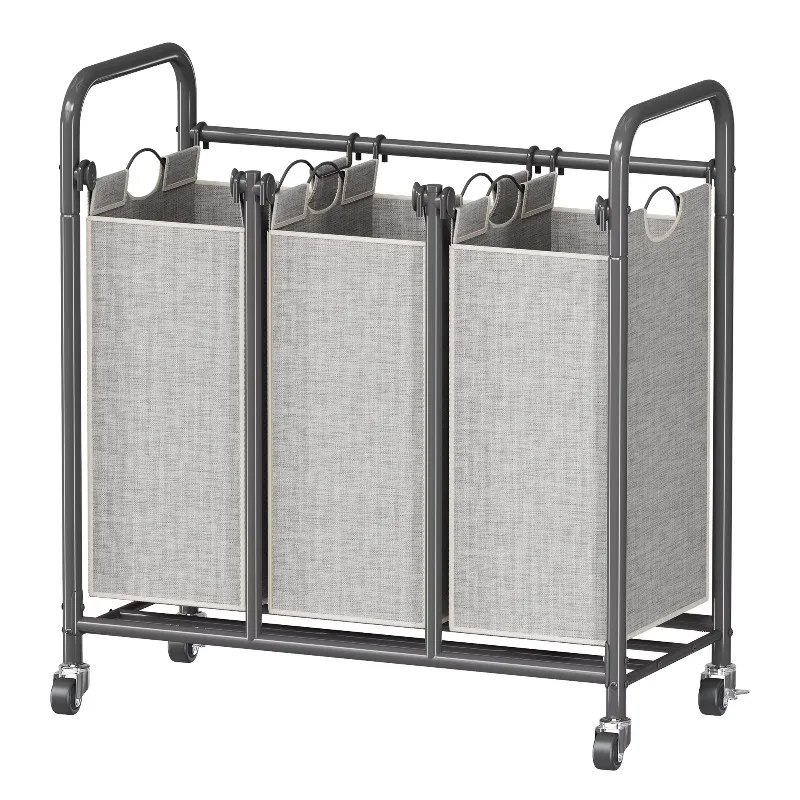 Three-grid metal clothing classifier Dirty clothes basket Heavy duty Rollable with locking wheel Removable bag Large capacity