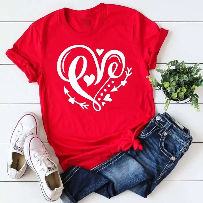

Maycaur Fashion Women T Shirt Love Heart Printed T Shirt Casual Red Tops 90s Valentine's Shirt Female Harajuku Graphic Tshirt