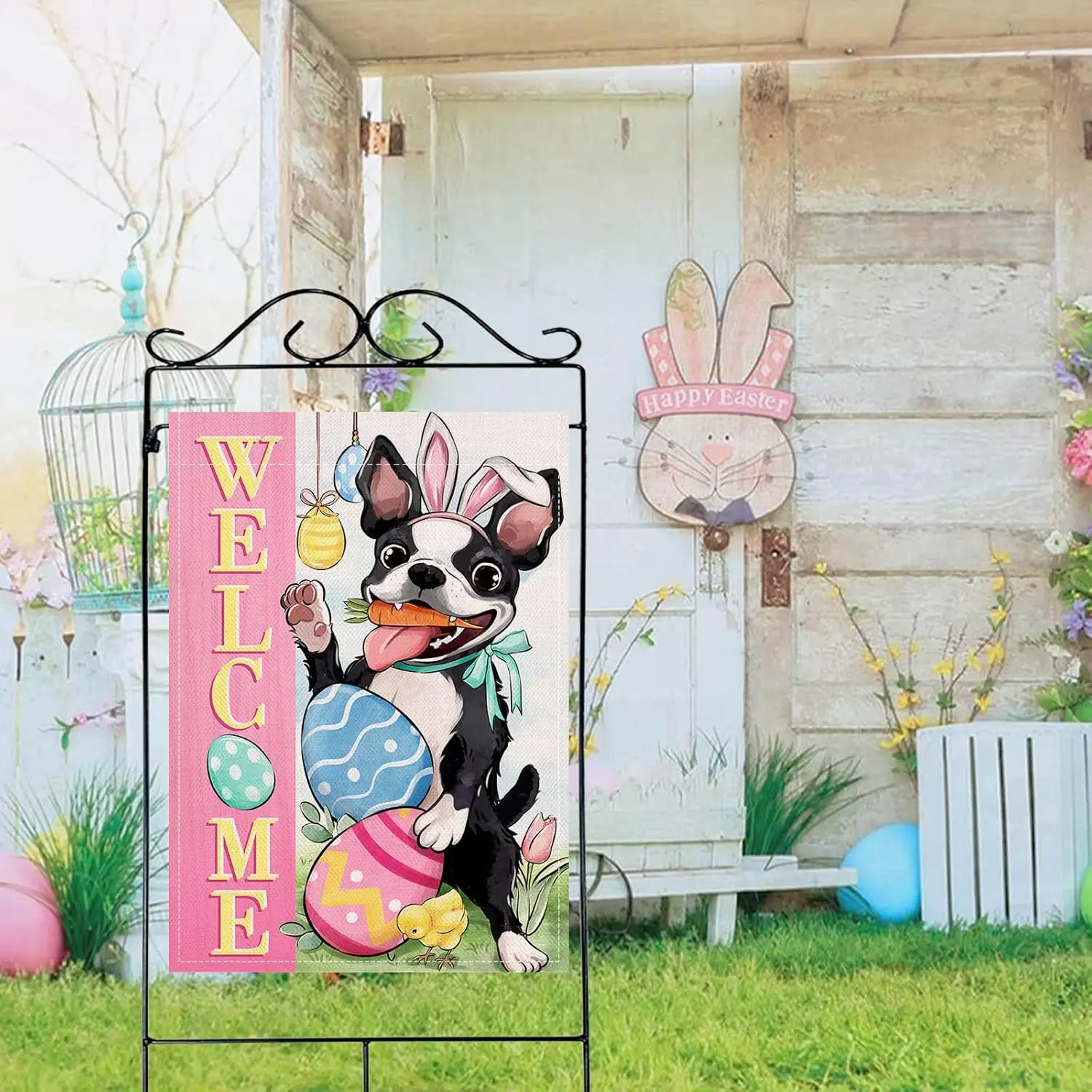 Artofy Welcome Easter Boston Terrier Dog Large Decorative House Flag, Pink Easter Eggs Yard Garden Outside Decor Pet Owner L ZZM