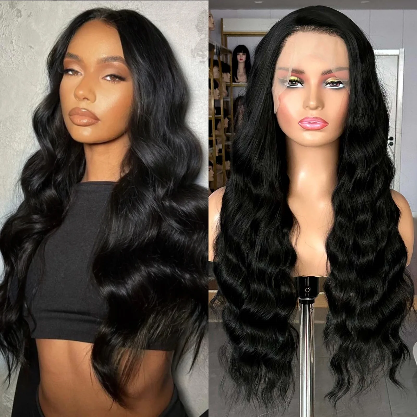 Long Black Curly Wavy Wig Synthetic Lace Front Wigs for Women Free Part Loose Deep Wave 13X4 Frontal Wig for Daily Cosplay Party