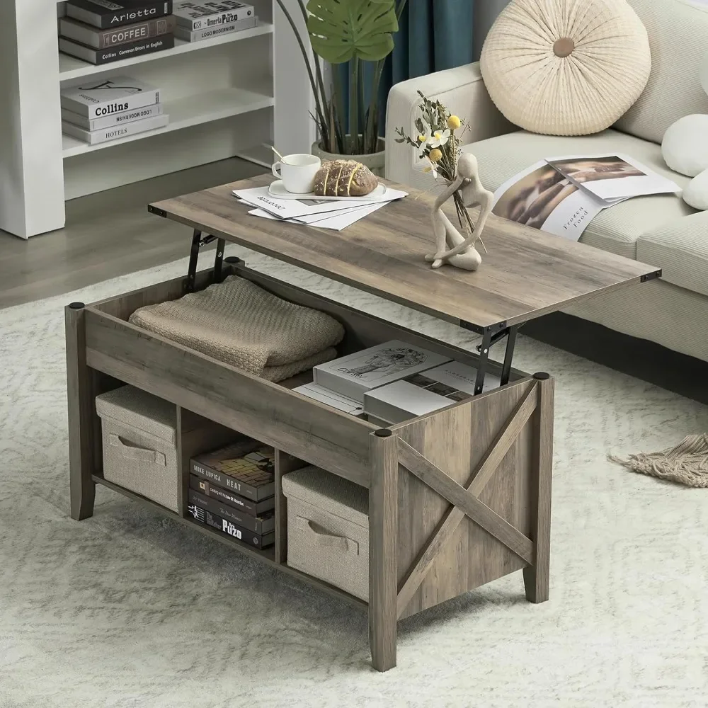 

Farmhouse Lift Top Coffee Table, Coffee Table with Lift Top, Lift Up Pop-Up Coffee Table with Storage Shelf/Hidden Compartment