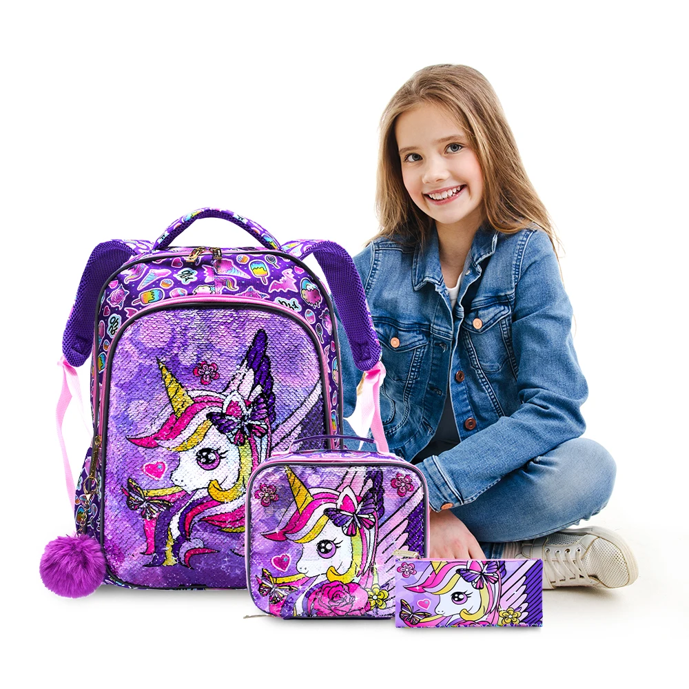 3PCS Set Backpack For Girls Kids School BookBag With Lunch And Pen Bag Purple Unicorn Cute Sequin Glow-in-the-dark Function
